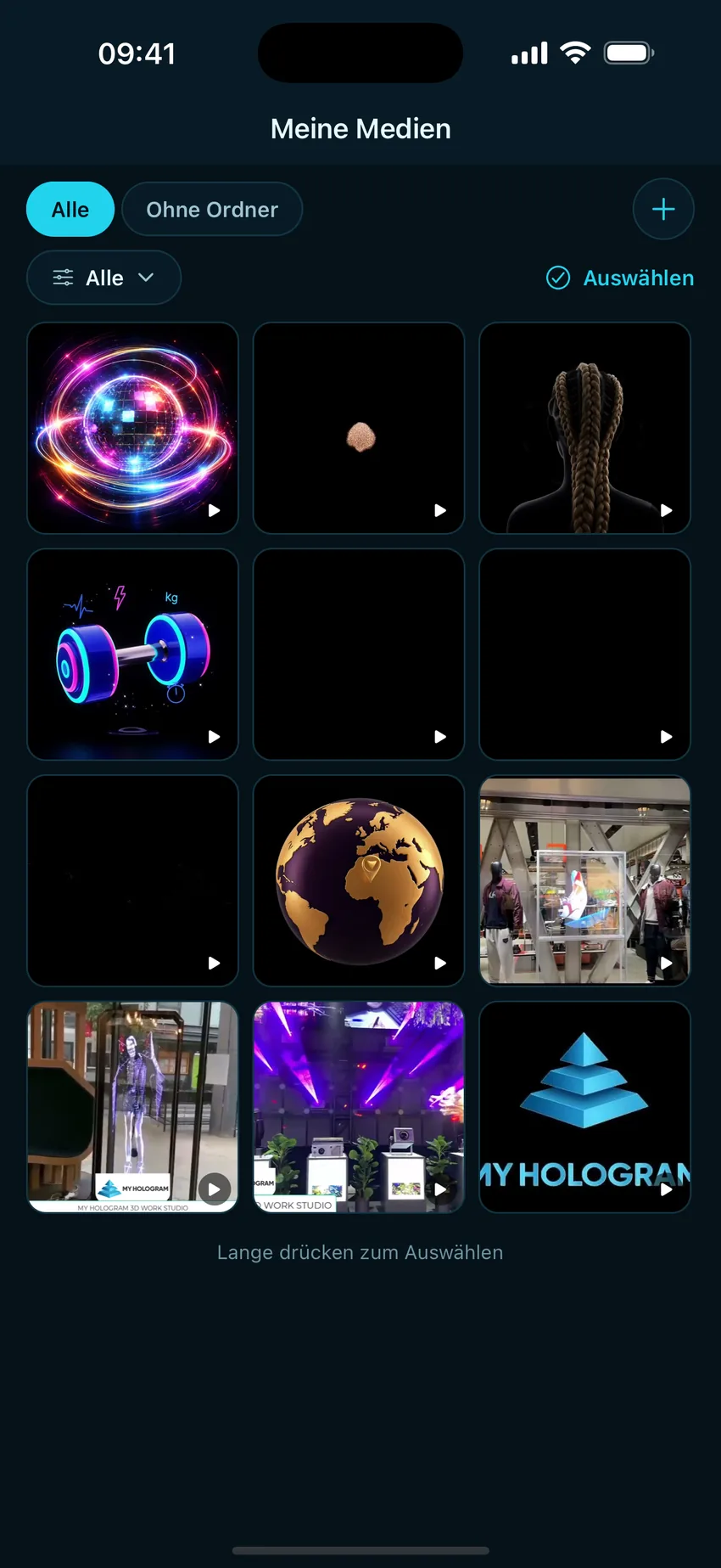 App-Bildschirm „Meine Medien“: Raster der eigenen Hologramm-Videos mit Ordnerfilter